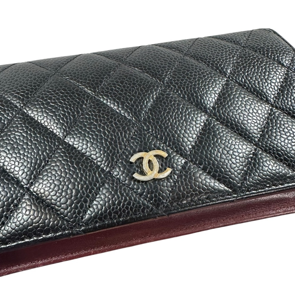 CHANEL Black Quilted Caviar Leather Trifold Wallet with Burgundy Trim - Picture 12 of 15
